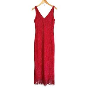 VTG 90s California Concepts sz LARGE DRESS Red Sparkle Lace Bodycon Maxi Formal